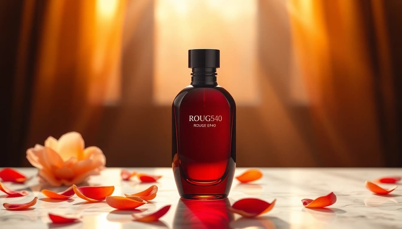 Showcasing Rouge 540 fragrance in an elegant setting with floral accents and soft lighting.