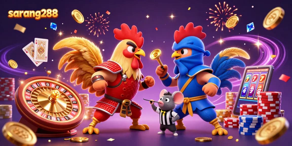 Gambar sarang288 menampilkan ayam petarung dalam situasi dramatis sambil terbangkan koin emas dan permata.