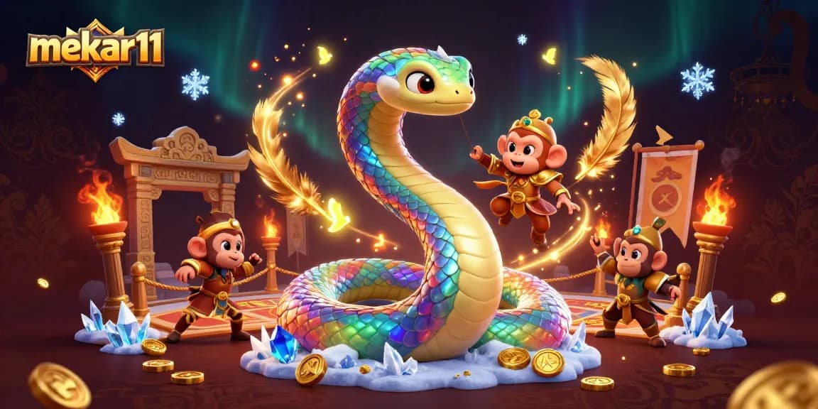 Mekar11 offers exciting gameplay with a vibrant 3D scene featuring a rainbow serpent and monkey king.