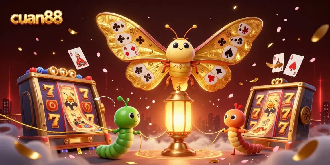 Menangkan hadiah besar di cuan88 dengan simbol jackpot dan slot cantik yang mengelilingi ngengat kartun 3D.