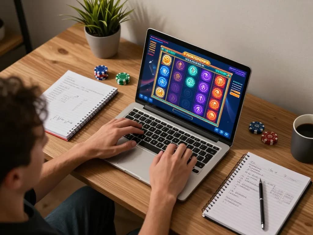 Enjoying an online slot bet session with strategic notes and colorful game interface displayed.