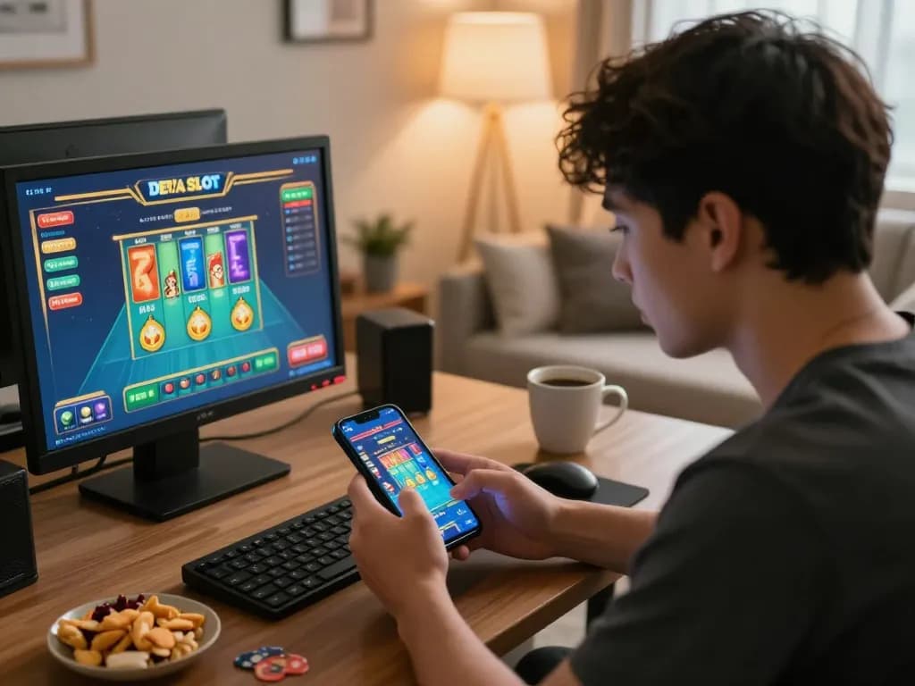 Engaged player exploring dewa slot app during a thrilling online gambling session at home