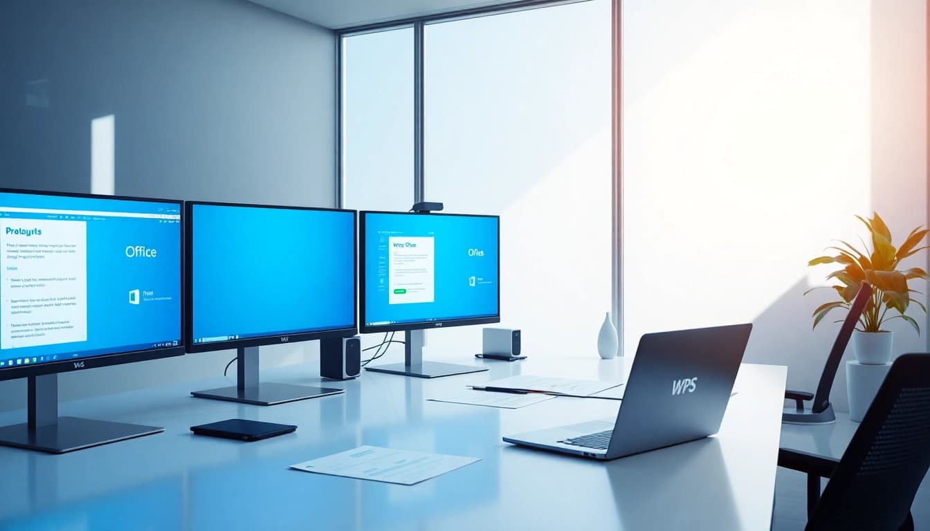 Explore wps下载 in a modern office setting with WPS Office applications on multiple screens.
