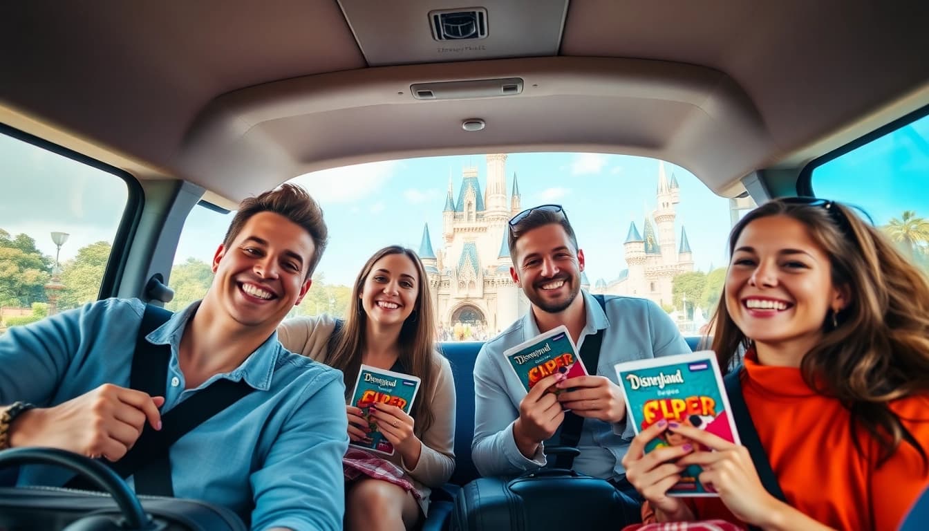 Enjoying Disneyland Paris airport transfer services, a family smiles in a shuttle van with Disneyland backdrop.