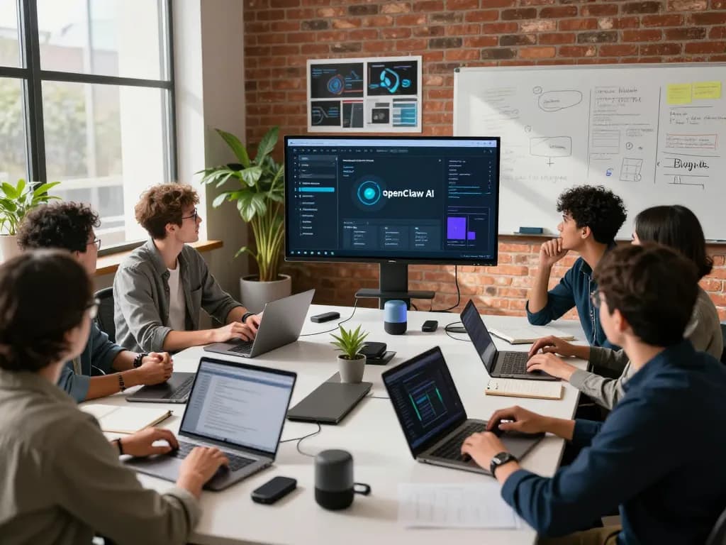 Team collaborating on OpenClaw AI project in a modern workspace.