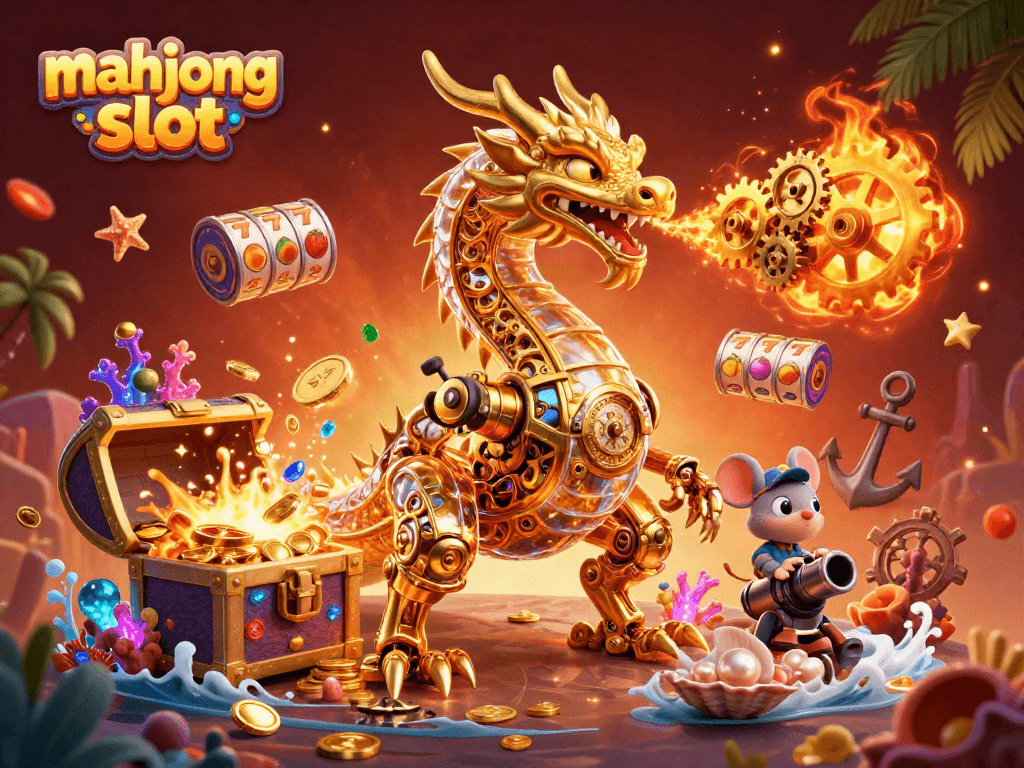 Experience mahjong slot action with a golden dragon and vibrant treasure in a cinematic scene.