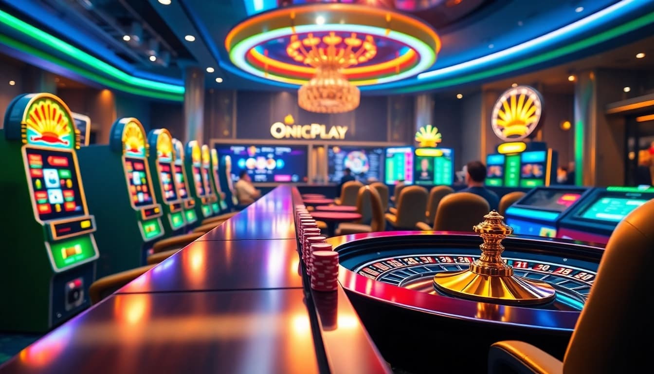 Experience the thrilling Onicplay platform with vibrant slot machines and poker chips in action.