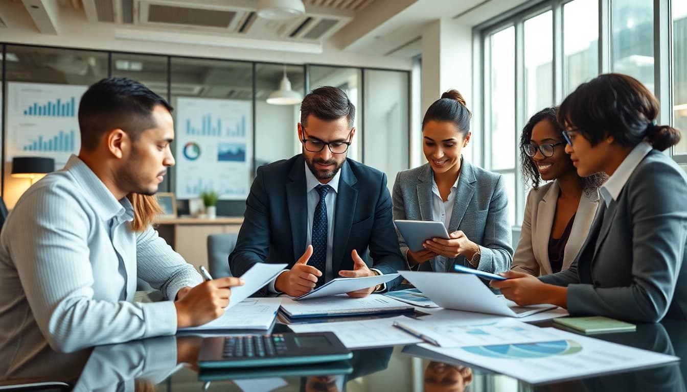 Professional accountants collaborating on Corporate Tax Return Filing in a modern office setting.