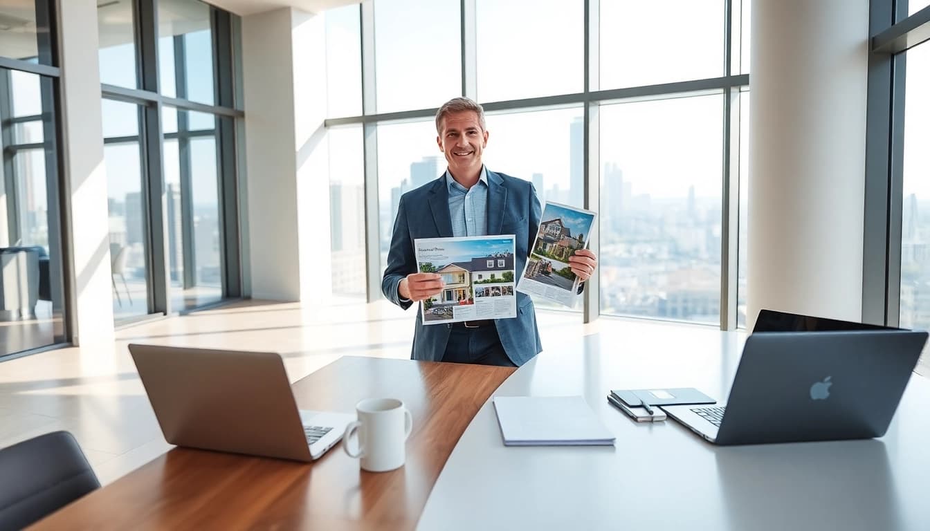 Real Estate agent discussing property strategies in a modern office with a city skyline view.