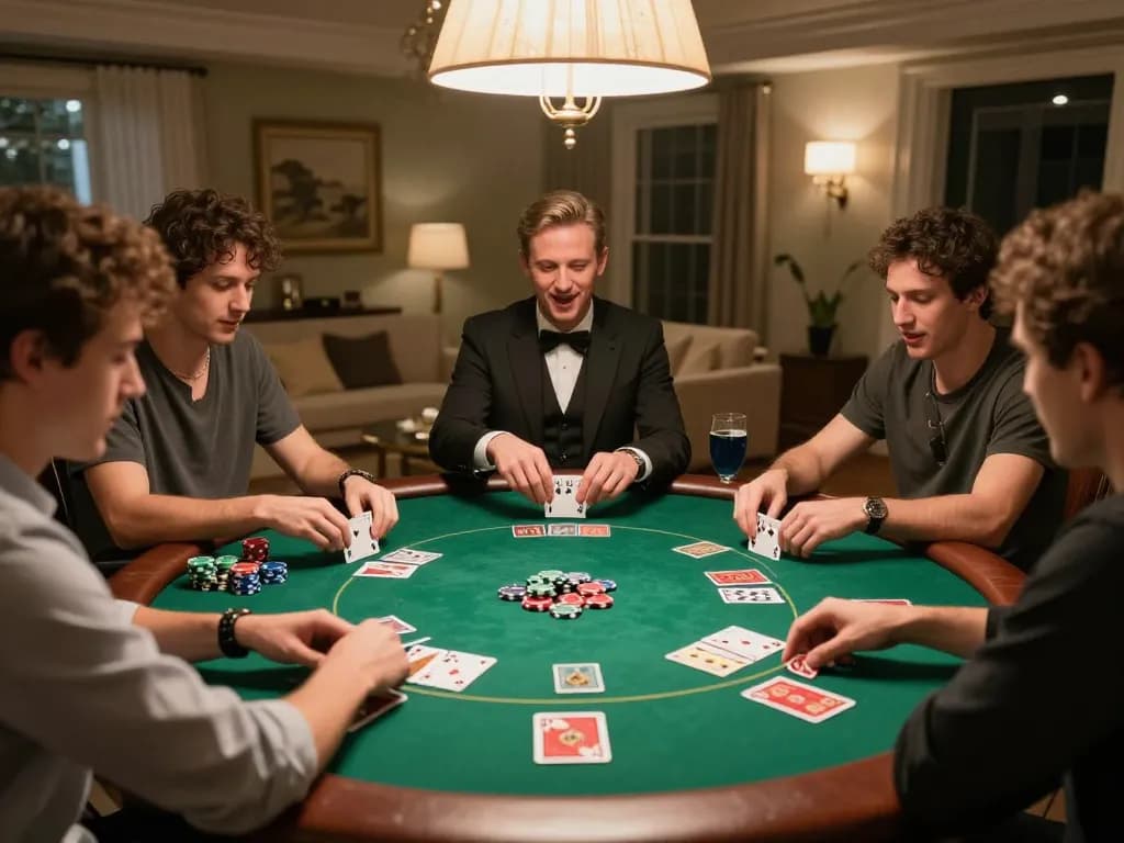 Kuwin players enjoying a social poker game at home with colorful chips and cards in action.
