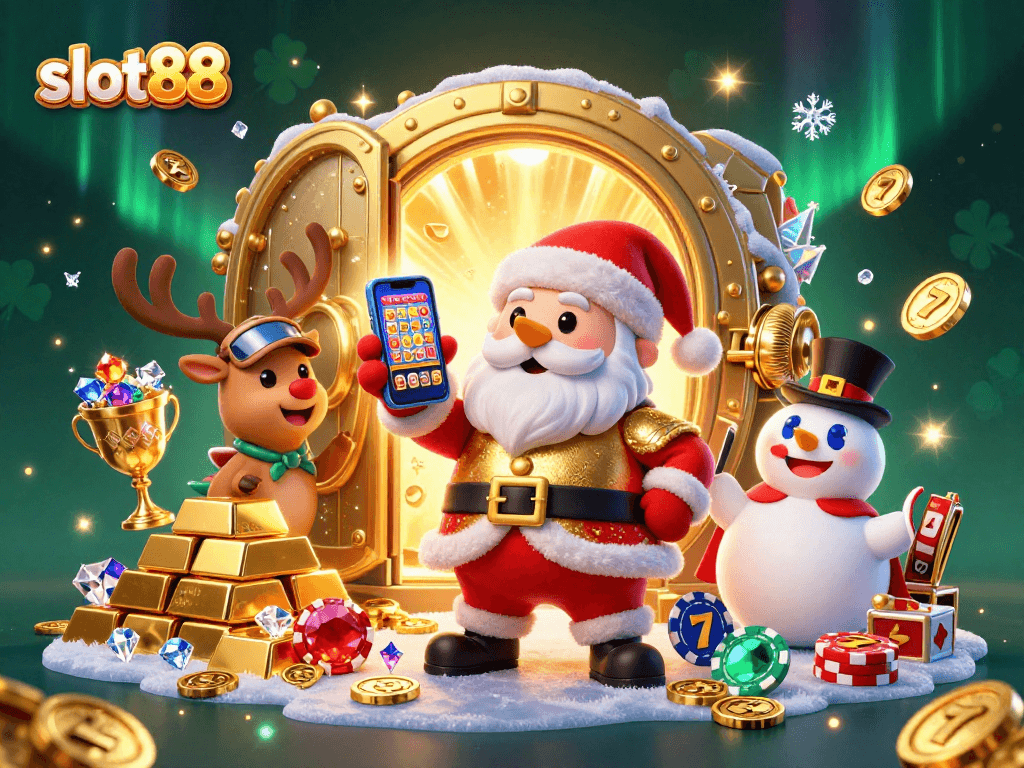 Spin the reels to win big at slot88 with festive Santa, his reindeer, and a playful snowman!