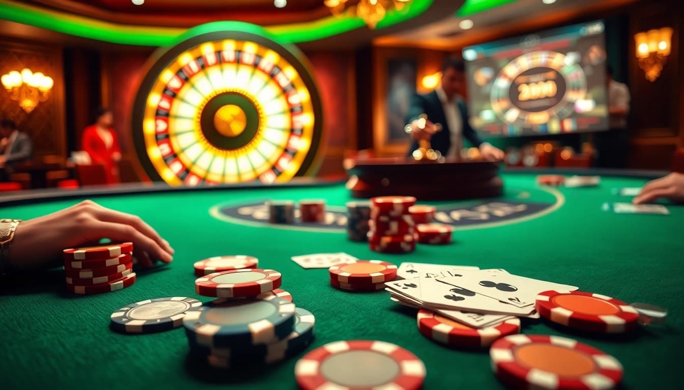 Scène engageante de casino en ligne avec une table de poker vibrante et une roue de roulette numérique mettant en avant le jeu en ligne.