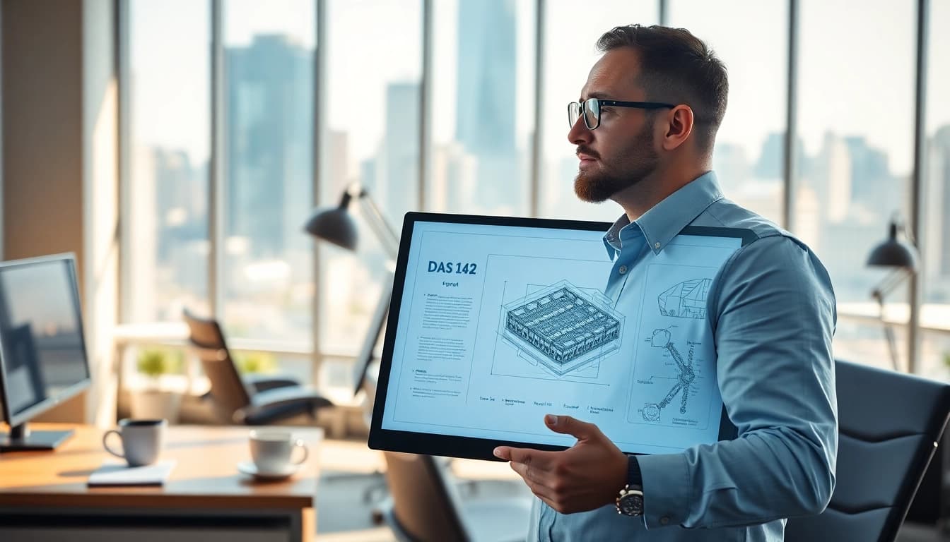 Engineer analyzing das 142 framework in a modern office with high-tech equipment.