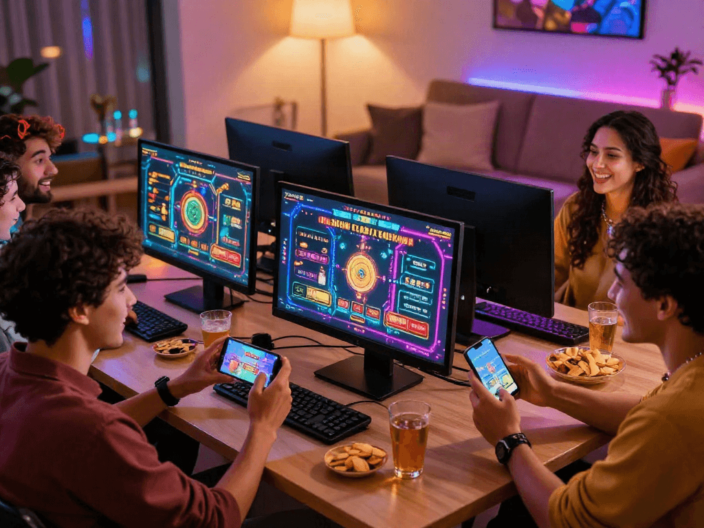 Exciting gaming environment showcasing friends enjoying link casino online games on a desktop.