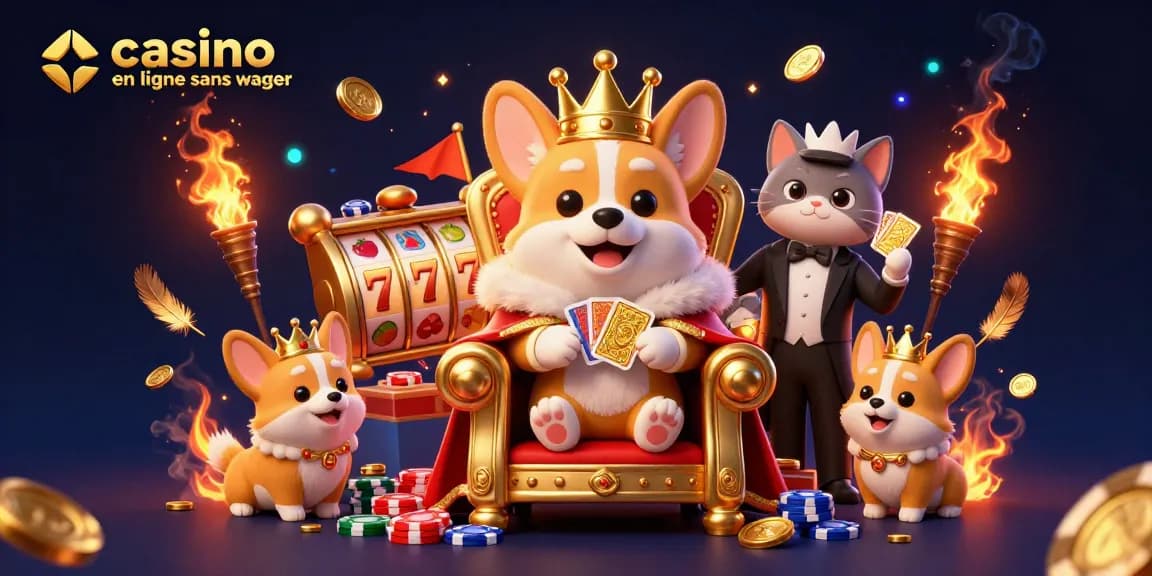 Découvrez le charme du casino en ligne sans wager avec une scène de trône royal de corgi remplie d'excitation de jeu.