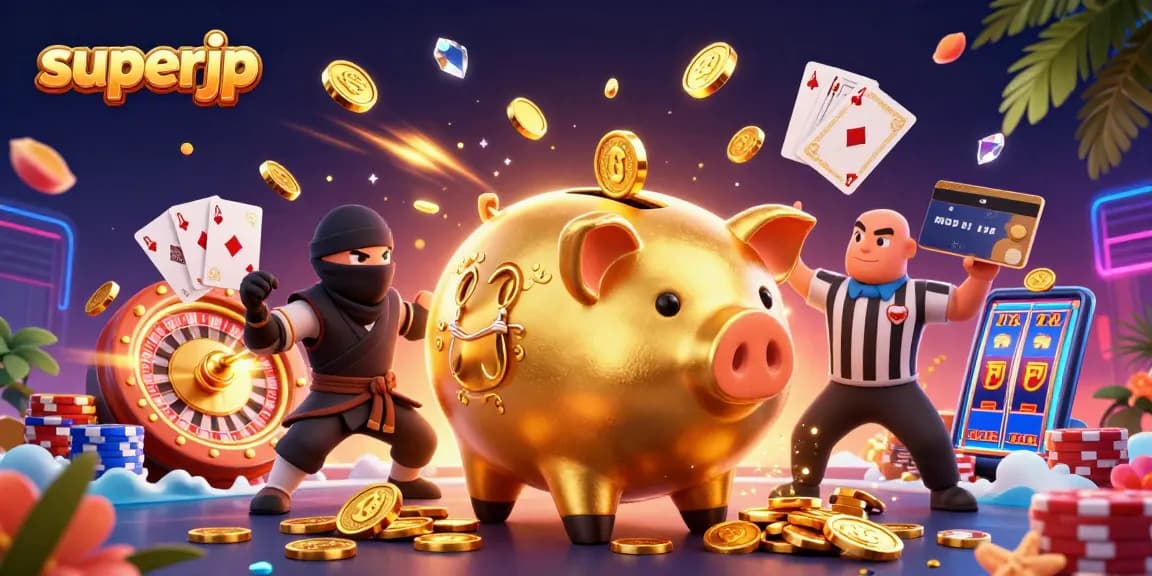 Engage with superjp's dynamic gaming scene featuring a golden piggy bank sumo wrestler amid casino excitement.
