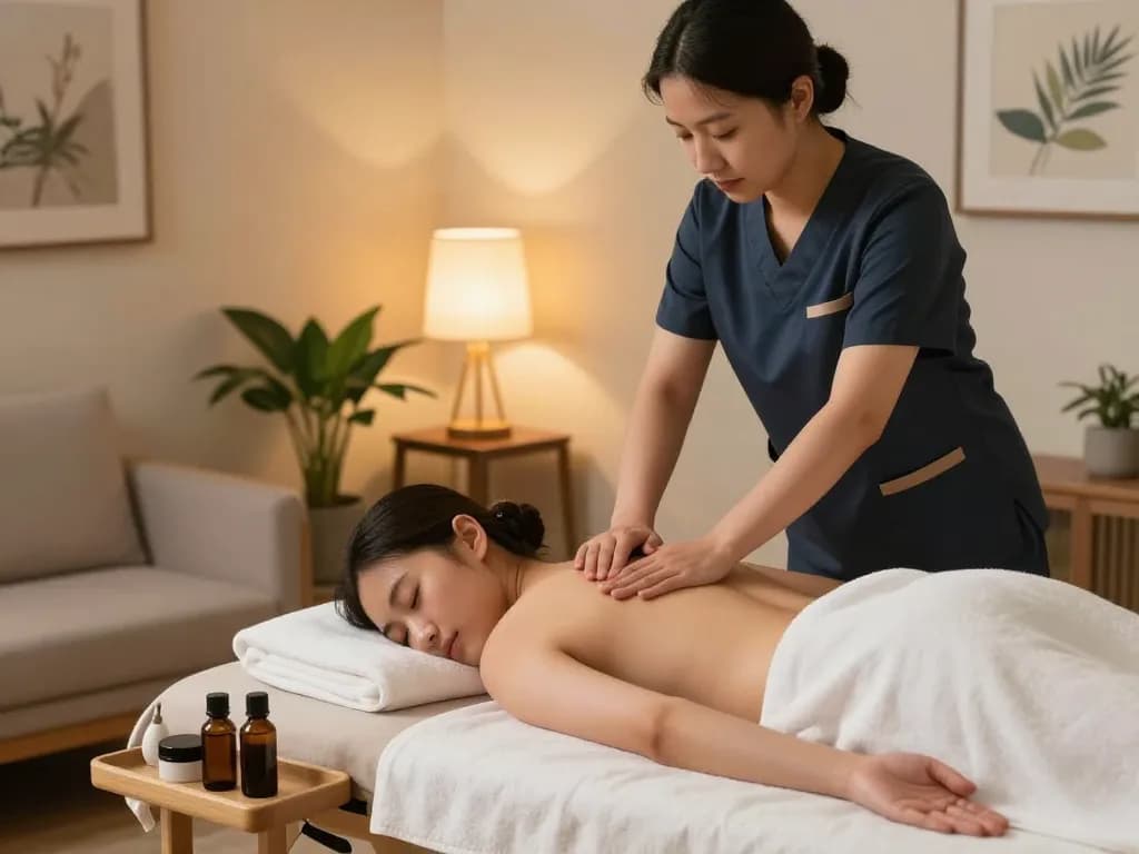 Professional therapist providing a peaceful massage service from maxim-anma.net in a serene living room setting.