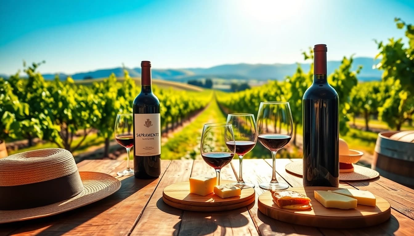 Experience fine wine tasting at Winery Sacramento with a rustic table and scenic vineyard backdrop.