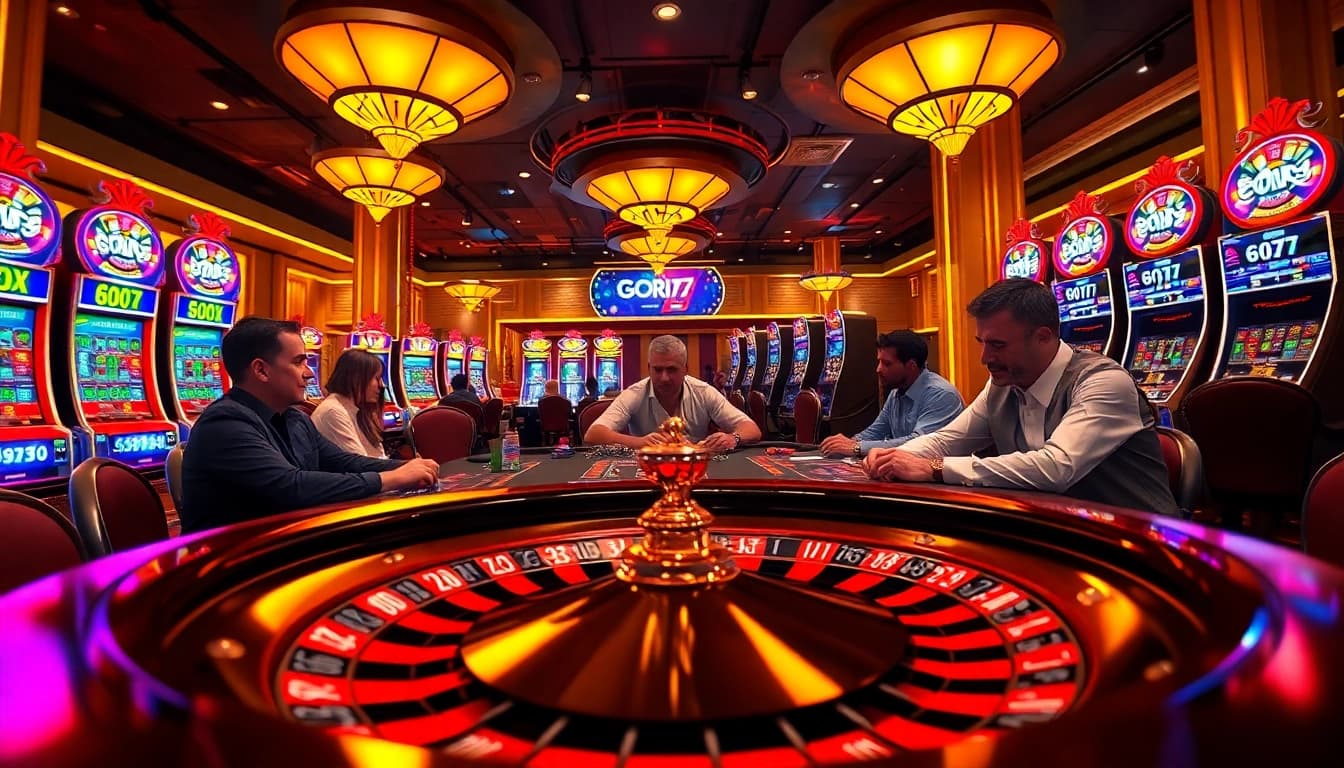Players engaging in high-stakes poker at a luxurious casino table with gori77 branding visible on gaming screens.