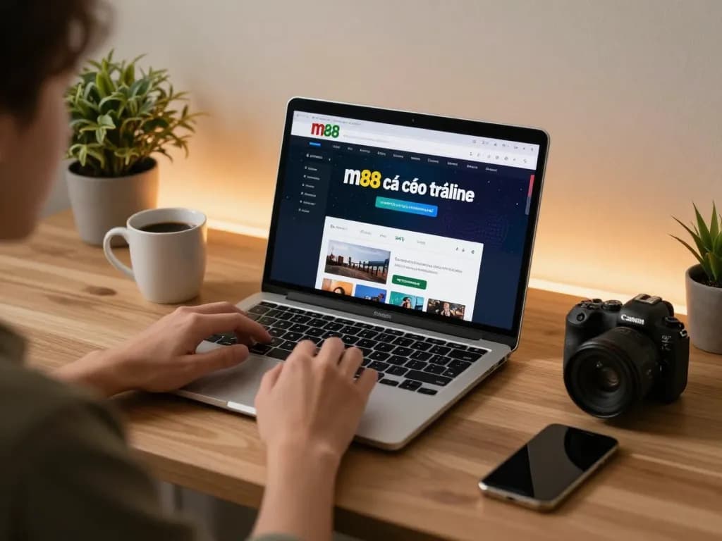Tham gia vào m88 cá cược trực tuyến từ một góc làm việc tại nhà phong cách với laptop mở