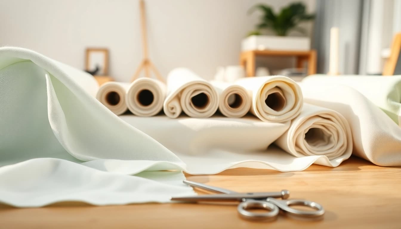 De absorberende katoenen stof liggen op een tafel in een stijlvolle naaiwerkplaats.