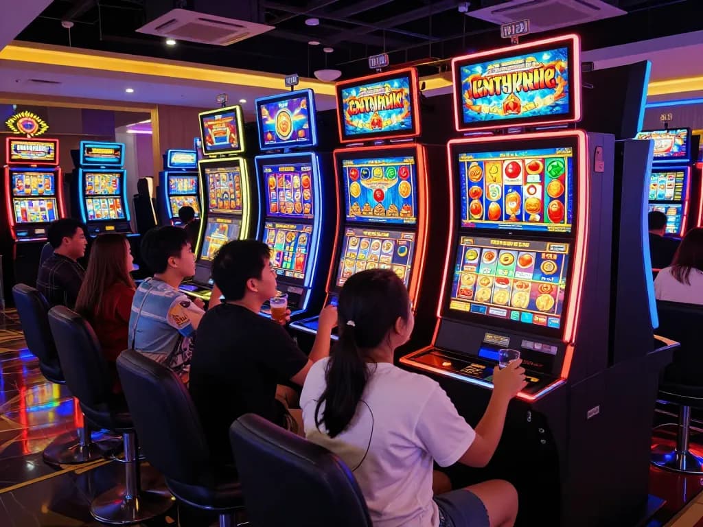 Exciting scene of players engaging at slot machines highlighting the slot server thailand no 1.