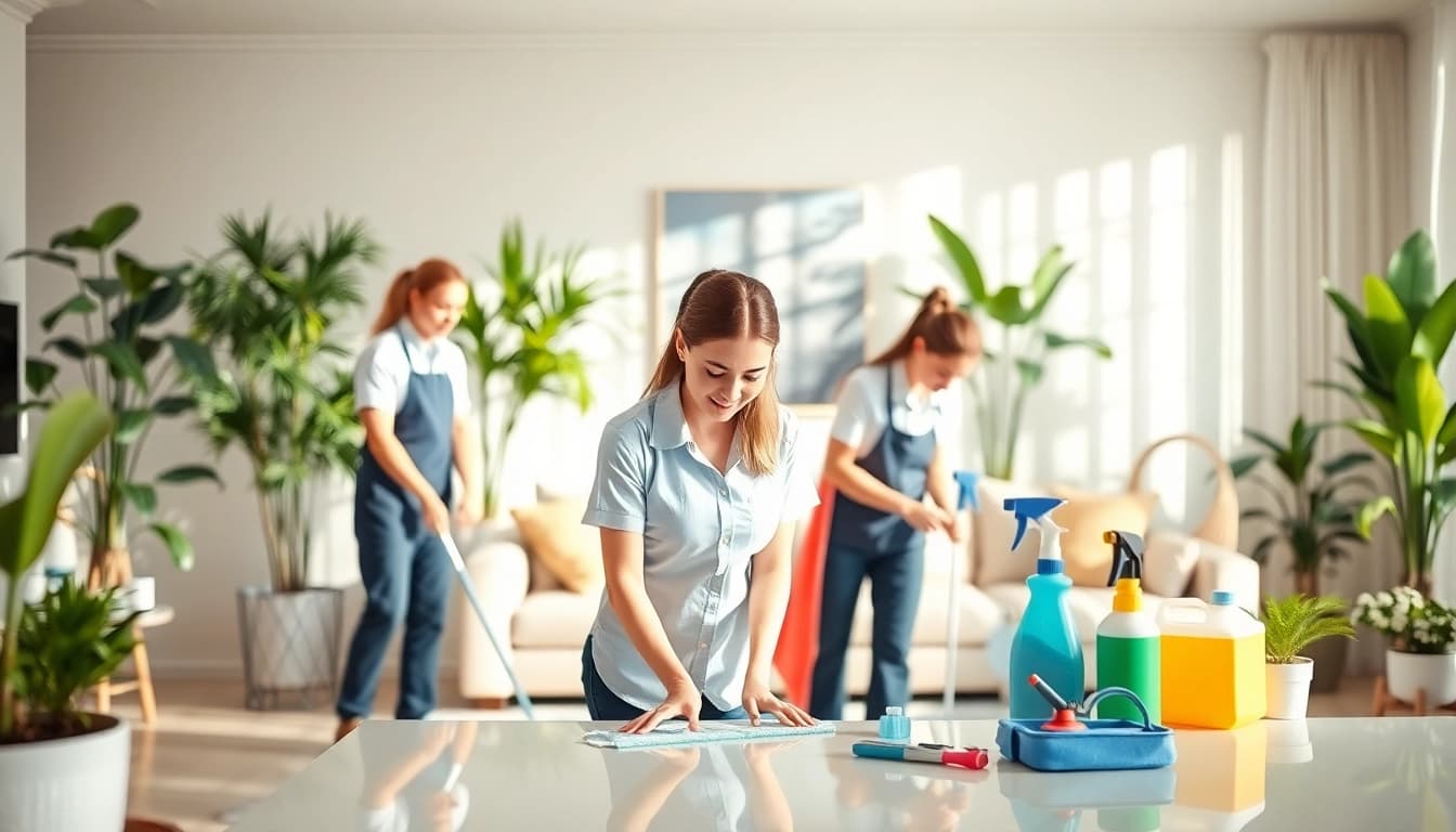 Cleaning services near me team providing professional home cleaning in a vibrant setting.
