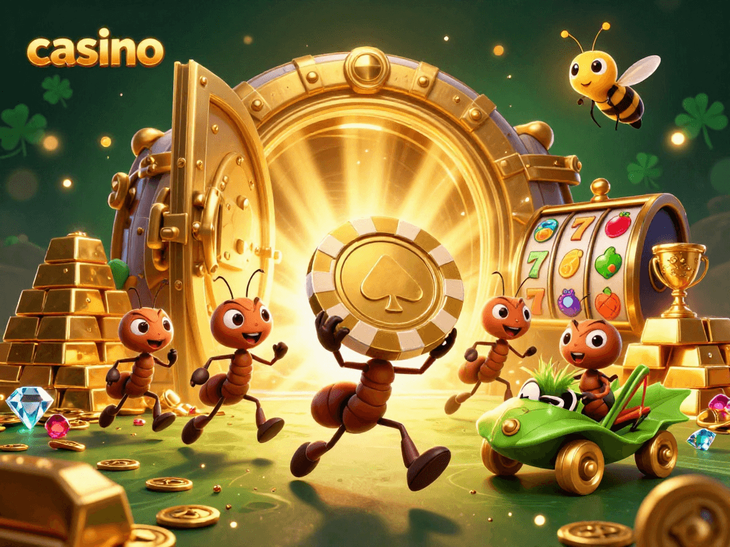 Cute ants executing a casino heist with giant poker chips and sparkling treasures, illustrating casino excitement.