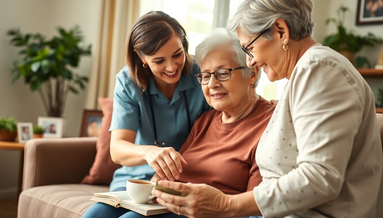 Supportive caregiver providing senior care austin tx in a warm living room setting.