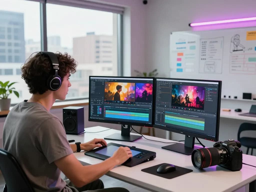 Dynamic video production workspace featuring seedance 2.0 editing AI-generated videos in a modern studio.