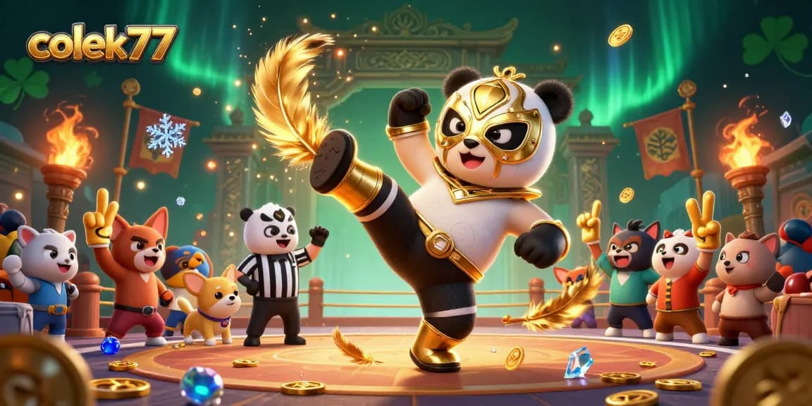 Experience the thrilling action of colek77 with a panda wrestler, chihuahua referee, and festive casino atmosphere.