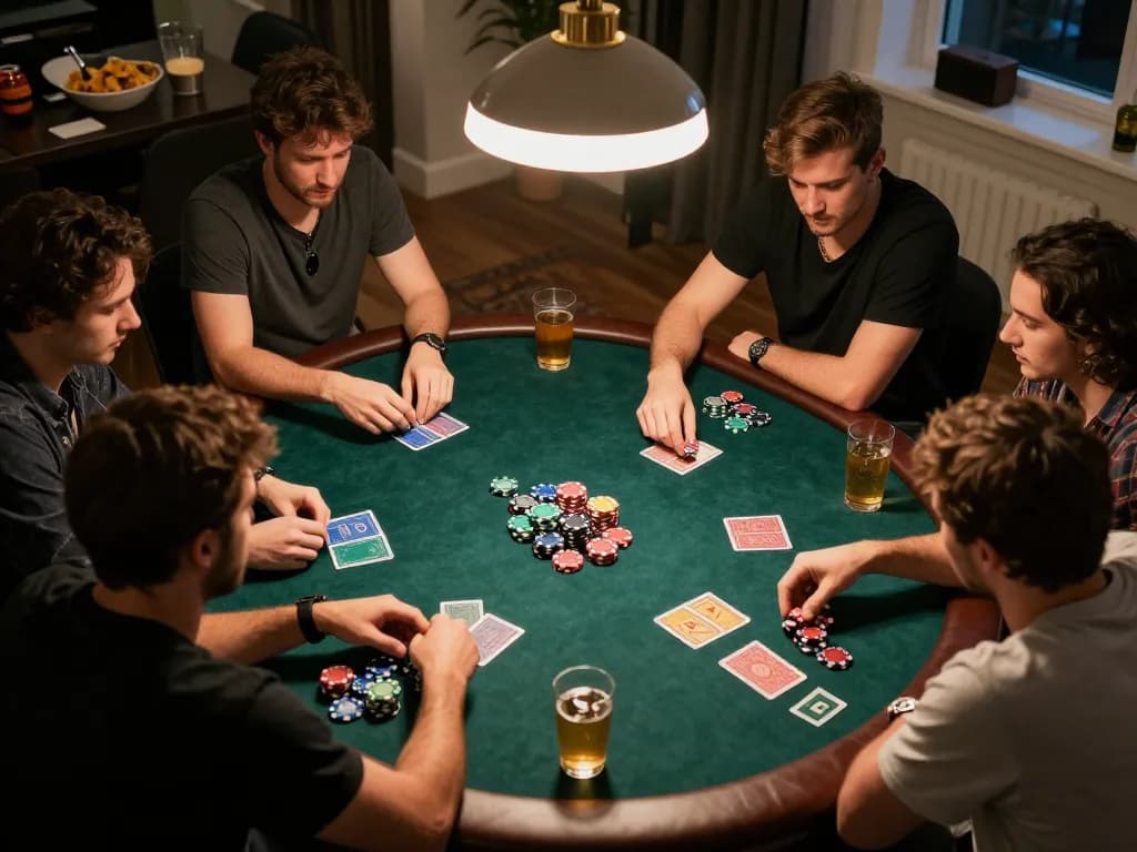 Players enjoy poker at home, focused intensely on their cards and chips, capturing the spirit of TG88.