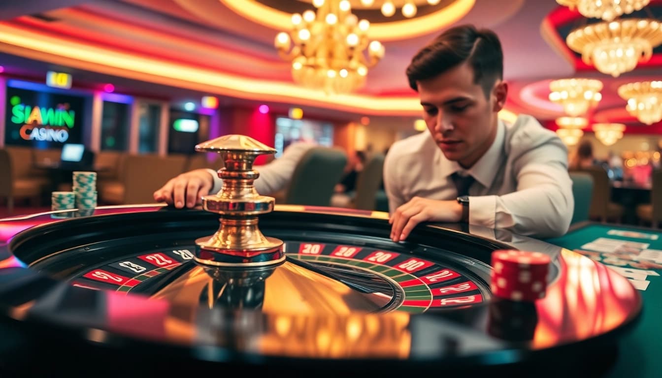 Menggoda dengan interwin di meja roulette yang penuh warna dan chip kasino yang bersinar.