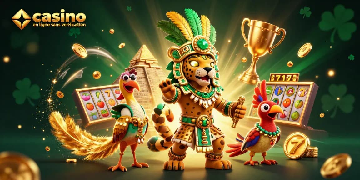 Jouez dans un casino en ligne sans vérification avec un prêtre jaguar et un oiseau quetzal dans une scène dynamique.