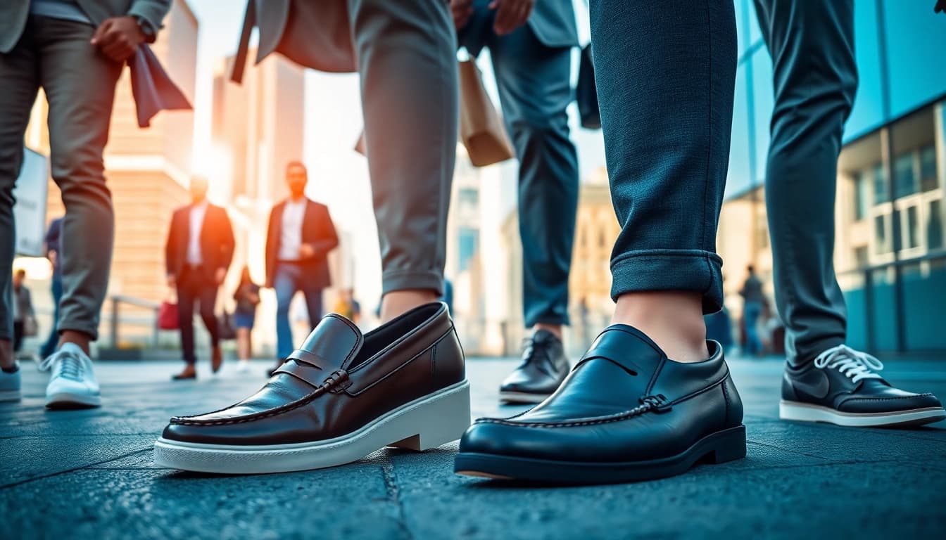 Augmented view of zapatillas hombre casual showcasing stylish designs in an urban backdrop.