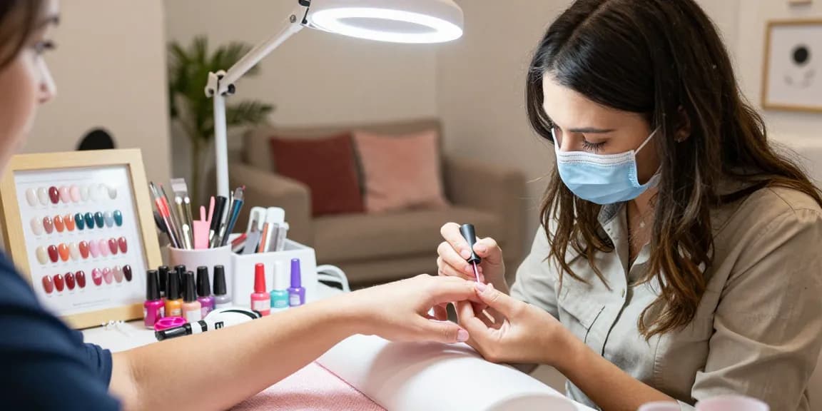 Tehnician profesionist de unghii aplicând baza și top coat unghii într-un salon de frumusețe vibrant.