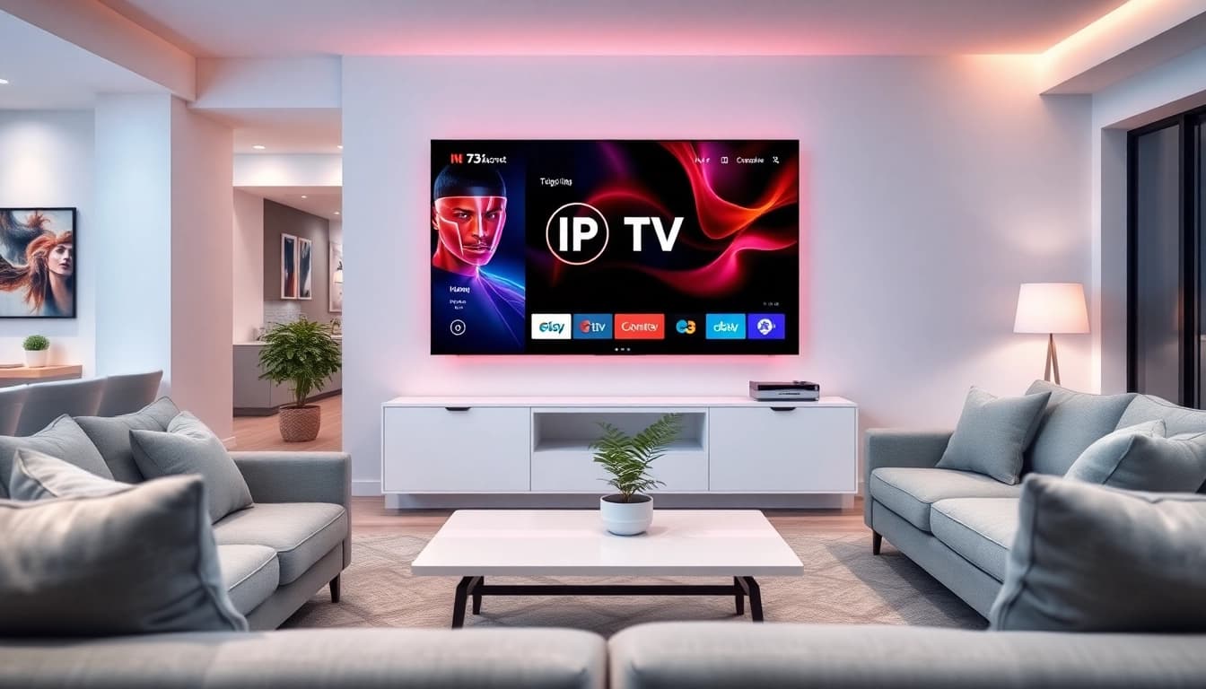 Enjoying an IPTV service in a cozy modern living room setting with vibrant visuals.