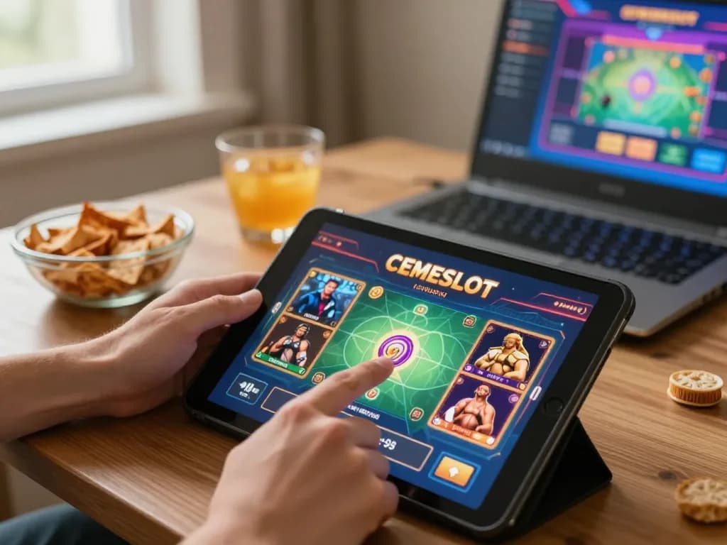 CEMESLOT gameplay on a tablet showing game options, player engaged in online casino entertainment at home.