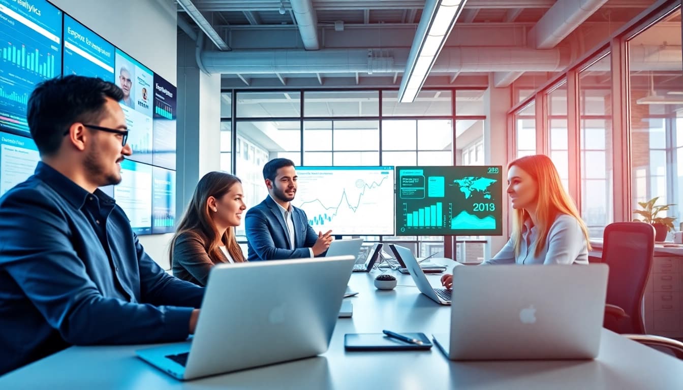 Team members collaborating with enterprise search ai technology in a modern workspace.