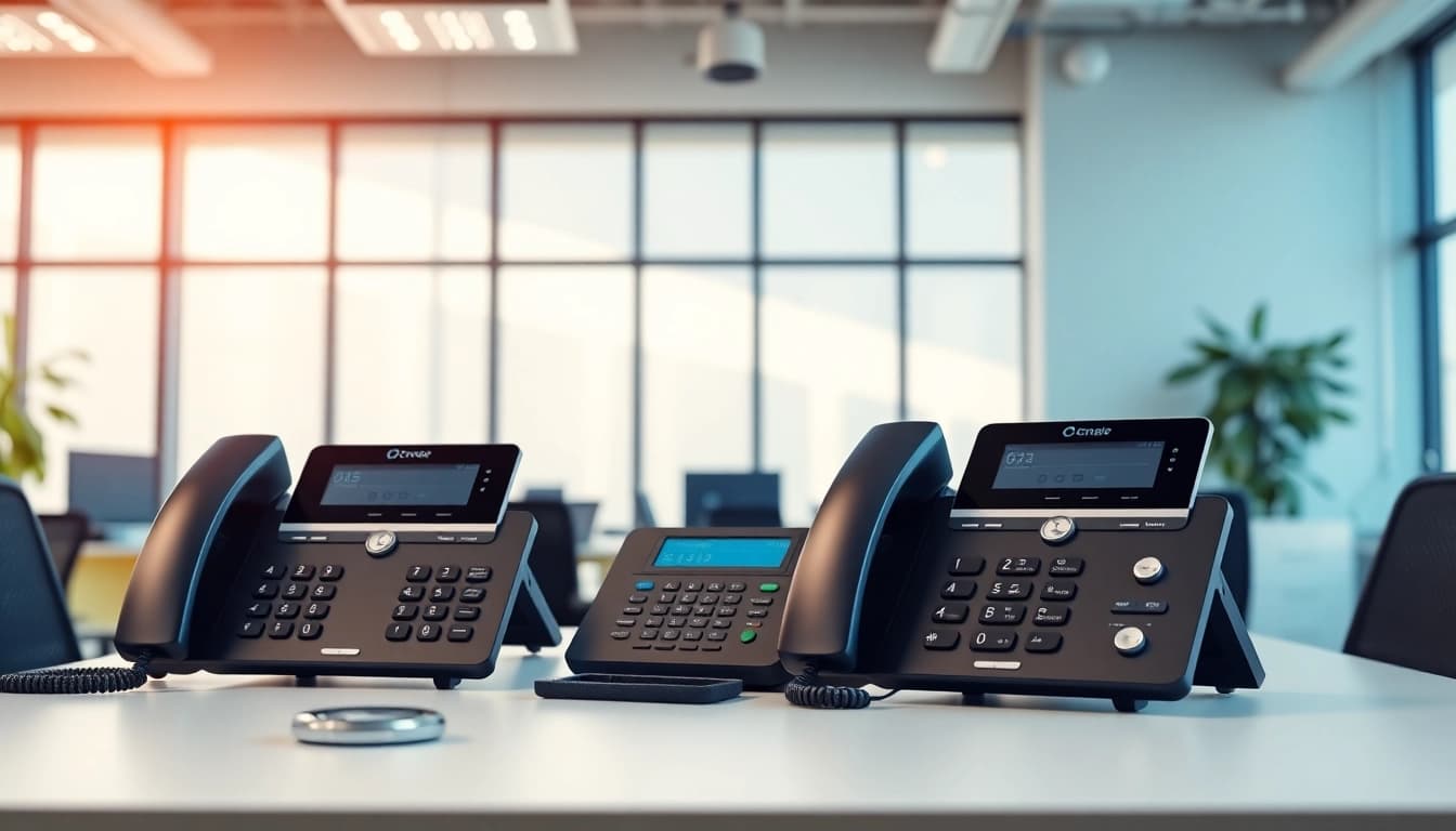 Showcase of modern office phone systems in a professional workspace, highlighting features and functionality.