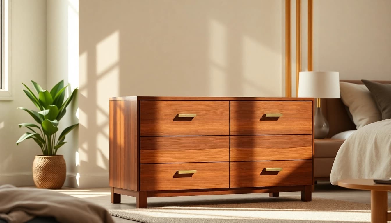 Elegant chest of drawers providing stylish storage solutions in a modern bedroom.