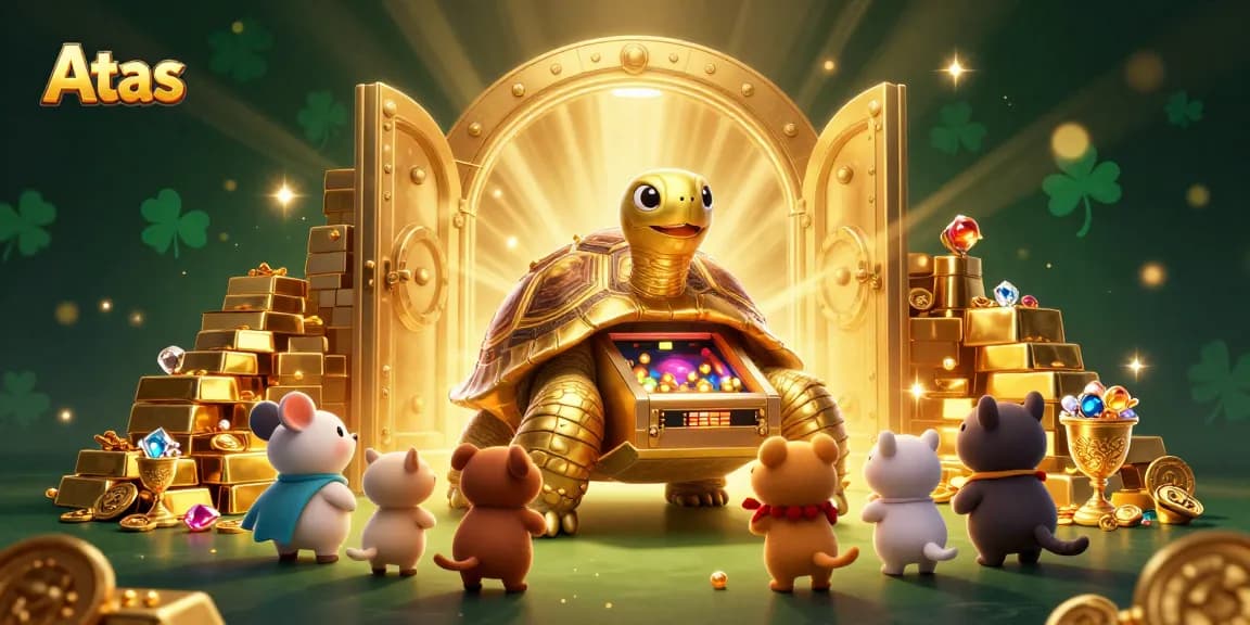 Atas Casino illuminated by golden treasures, engaging gamers in a vibrant animated world.