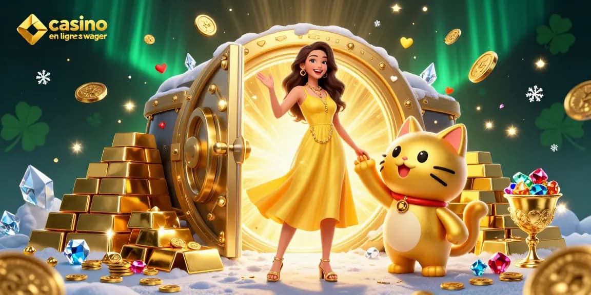 Découvrez le casino en ligne sans wager avec des trésors dorés et des interactions joyeuses dans cette scène vibrante.