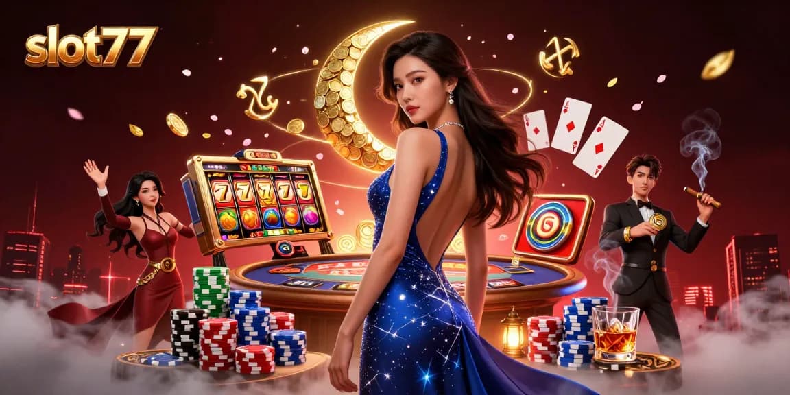 Spin slot77 to reveal vibrant jackpots and colorful symbols in an enchanting casino scene.