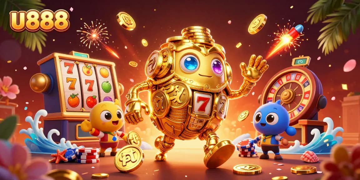 Experience thrilling wins at u888 with vibrant 3D casino action showcasing slots and golden treasures.