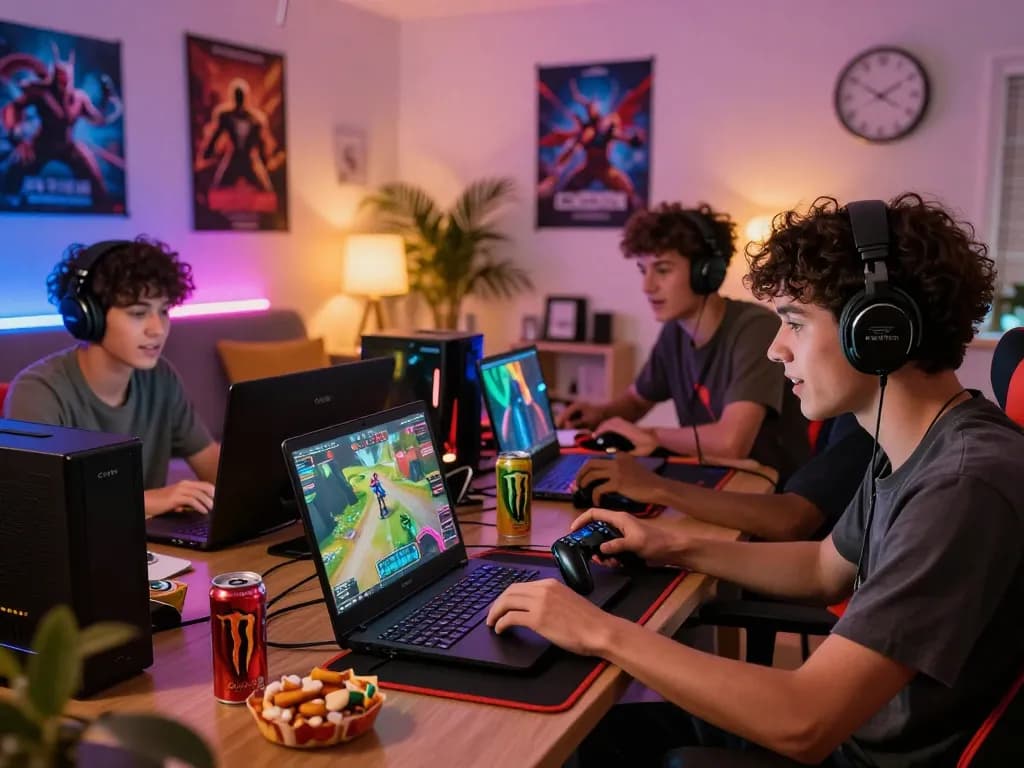 Gaming enthusiasts engaged in HUbet88 online session with vibrant atmosphere and competitive energy.