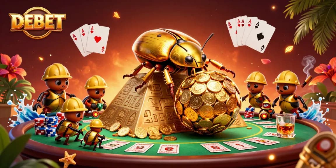 Engage with DEBET through a vibrant casino scene featuring golden beetles and poker elements.