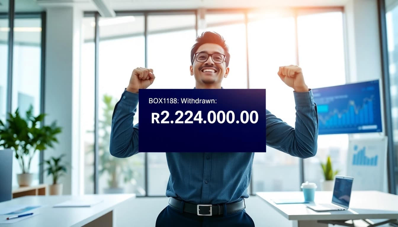 Celebrating financial success with BOX138: Rp 2.424.000,00 withdrawal in a professional office setting.