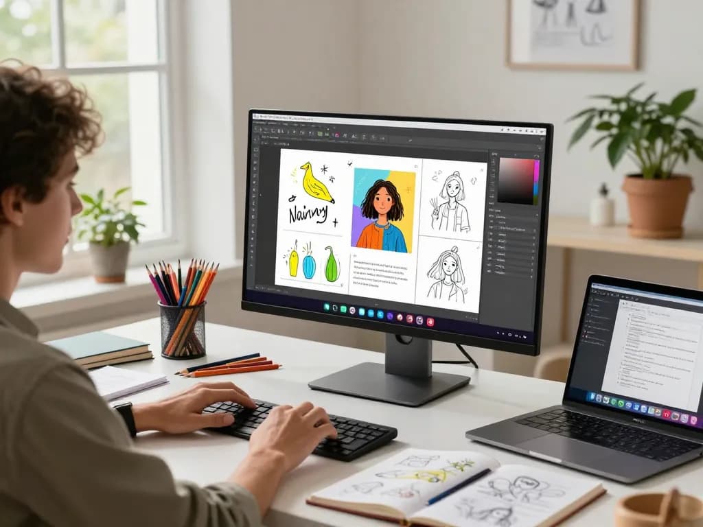 Designer using the nano banana AI image editor in a bright, creative workspace.