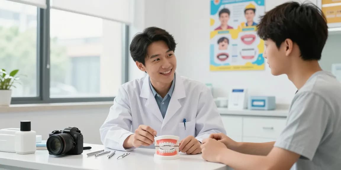 Consultation on fixed retainers in a modern orthodontic clinic with a teenager.